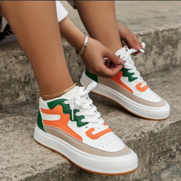 None Shoes - Vibrant High Top Sneakers in Orange and Green